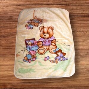 Vintage Baby Toddler Plush Blanket Yellow Teddy Bears Nursery Rare